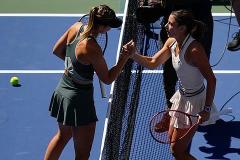 2024 US Open quarterfinals: Emma Navarro, of the United States, shakes hands with Paula Badosa, of Spain